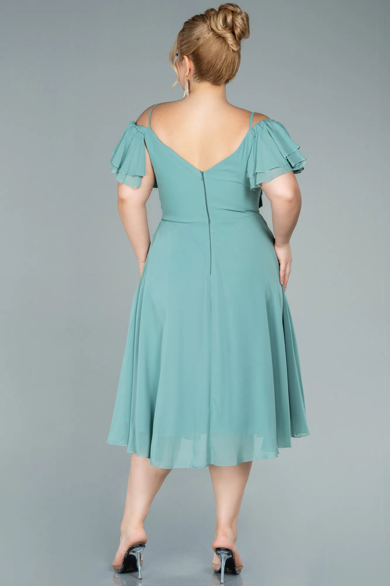 Turquoise-Midi Chiffon Plus Size Evening Dress ABK1475