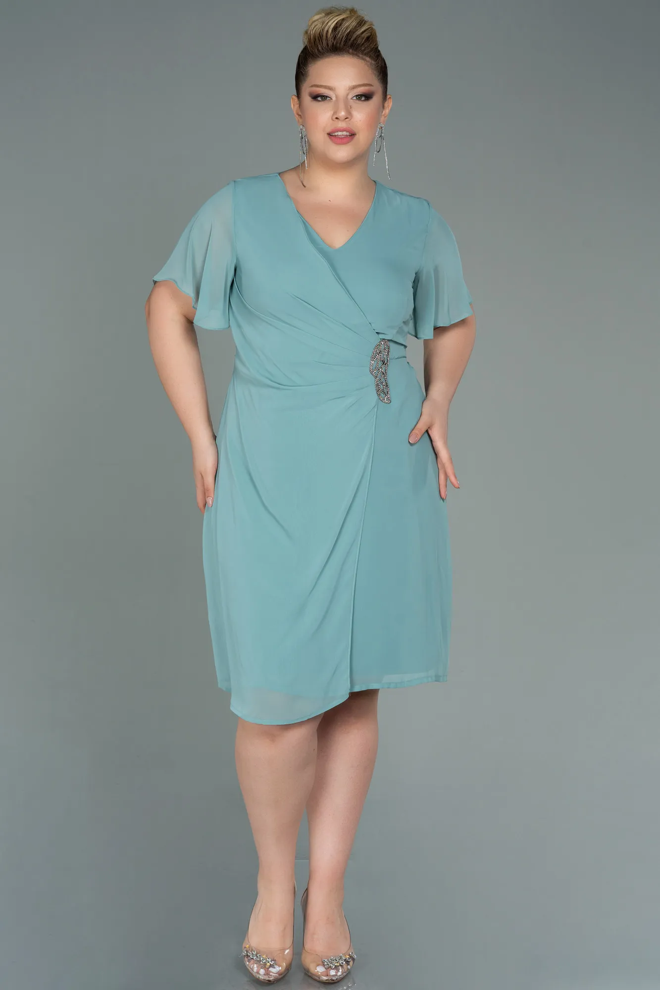 Turquoise-Midi Chiffon Plus Size Evening Dress ABK1660
