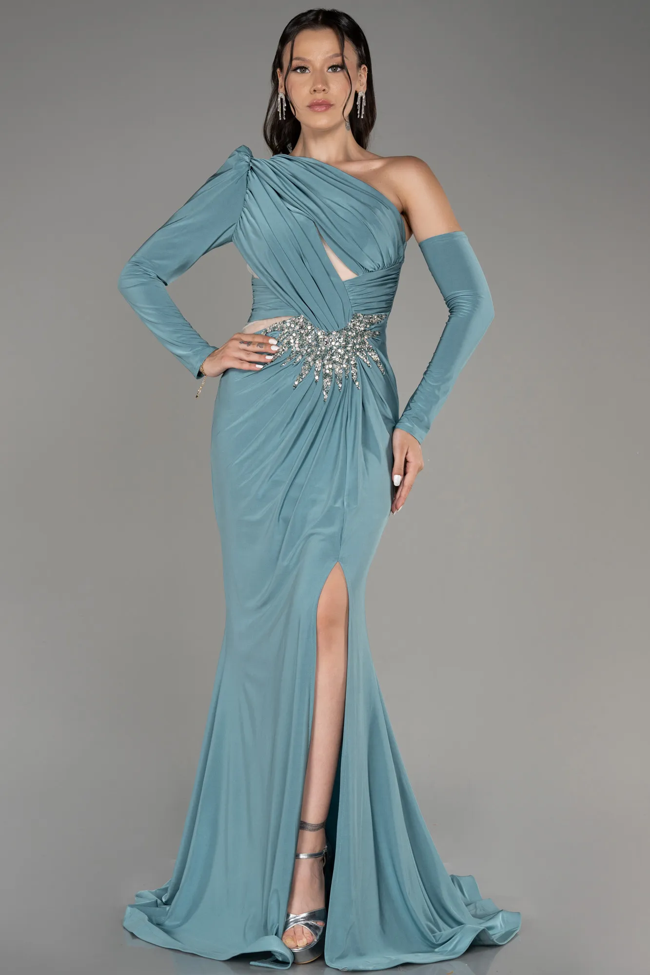 Turquoise-One Sleeve Long Evening Dress ABU3851