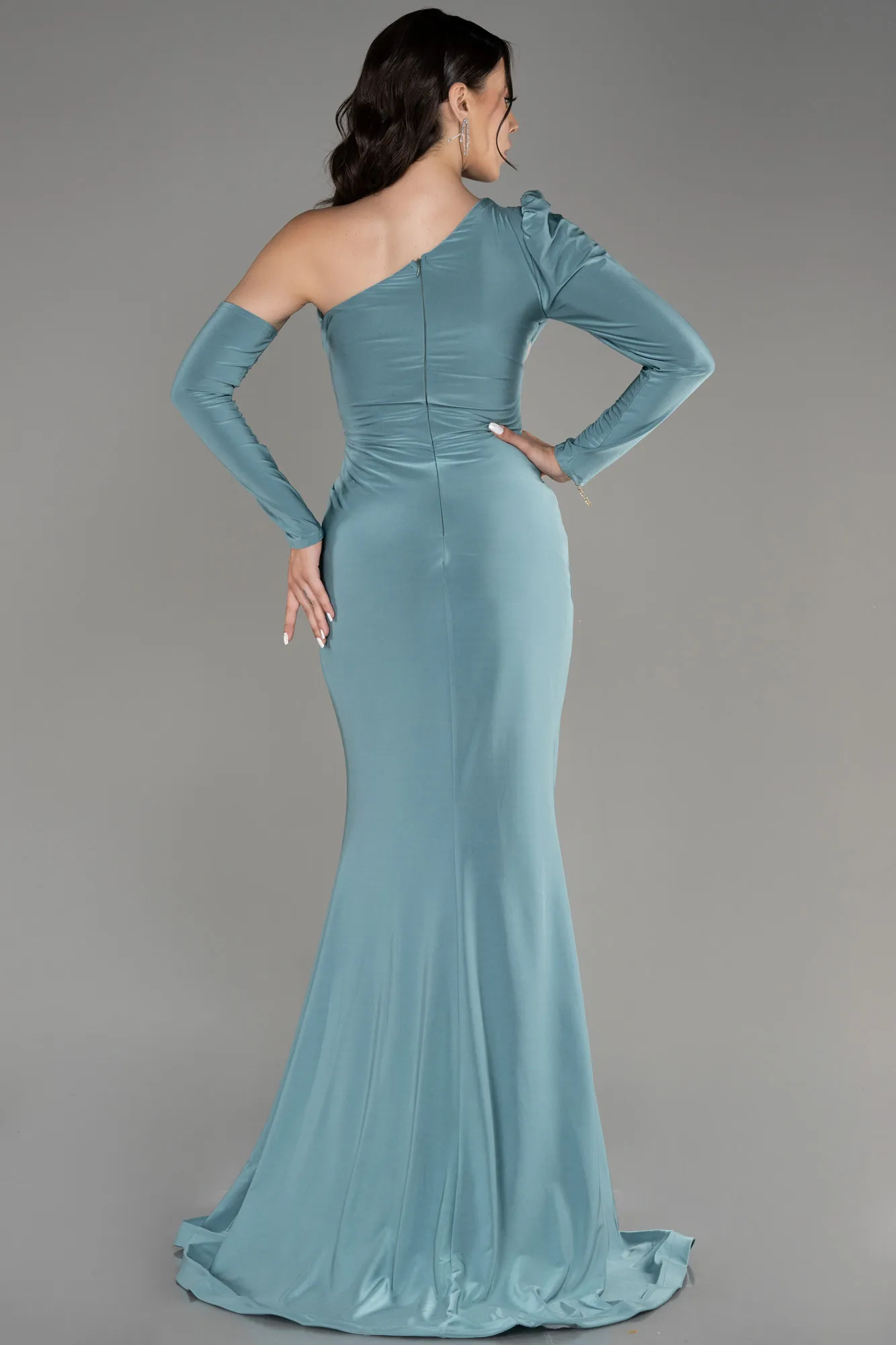 Turquoise-One Sleeve Long Evening Dress ABU3851