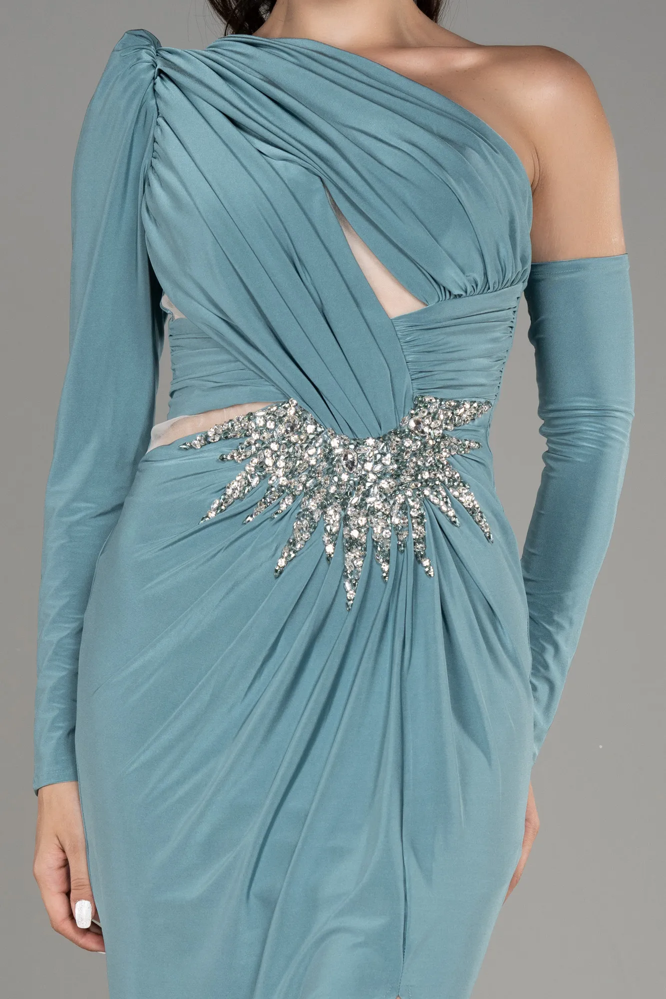 Turquoise-One Sleeve Long Evening Dress ABU3851