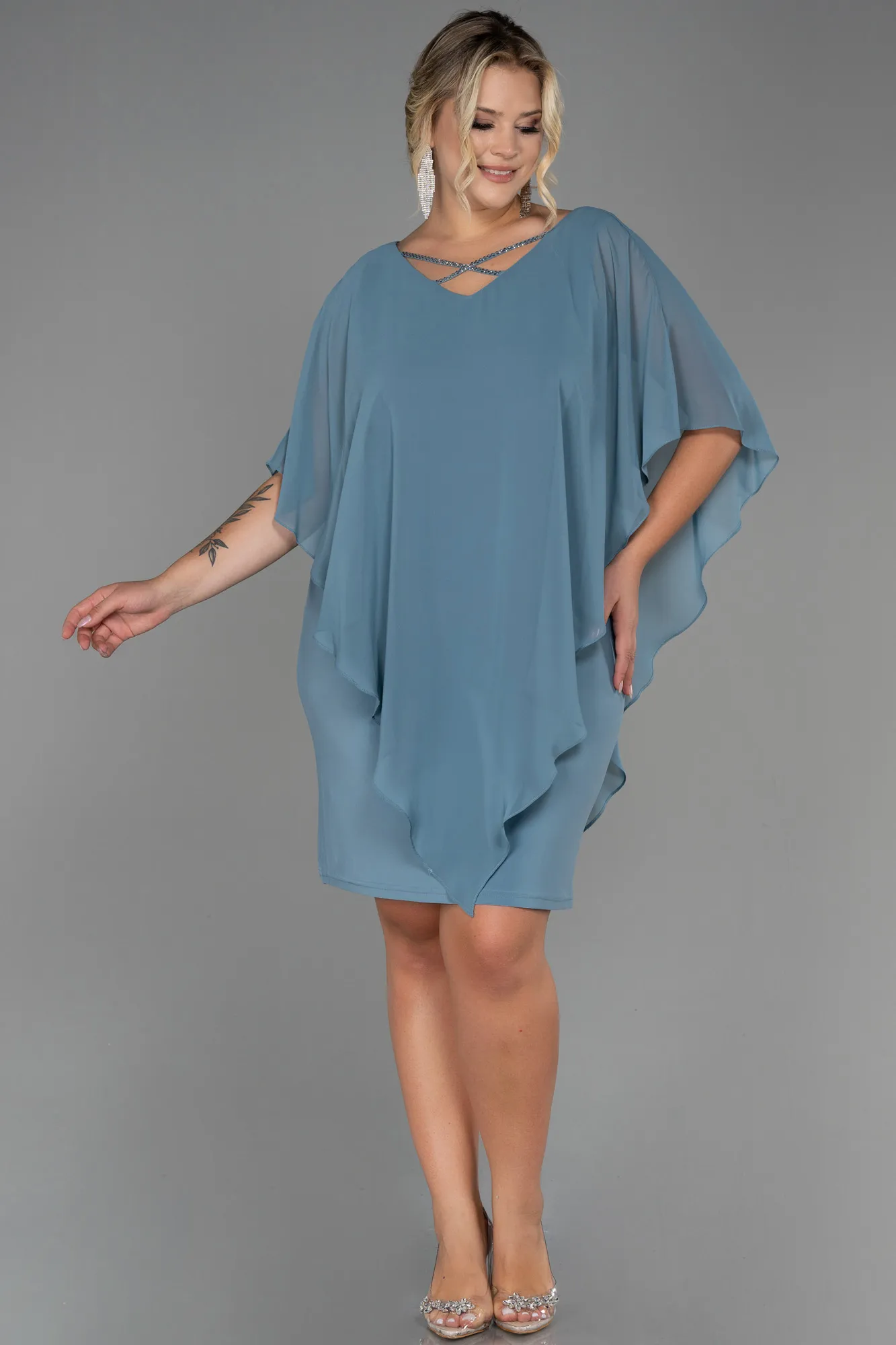 Turquoise-Short Chiffon Plus Size Evening Dress ABK1494