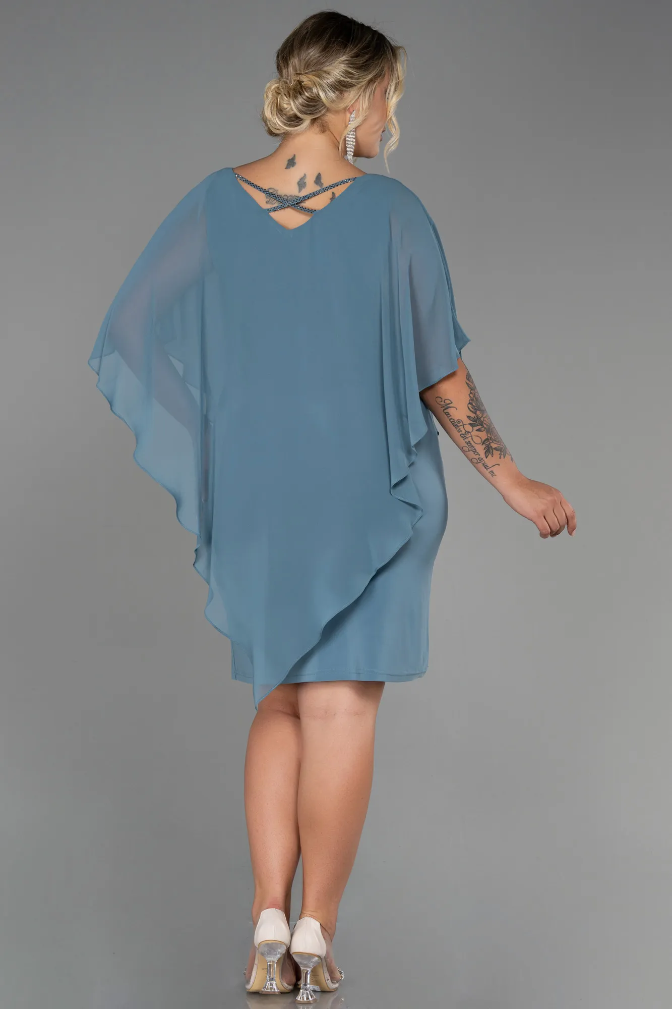 Turquoise-Short Chiffon Plus Size Evening Dress ABK1494