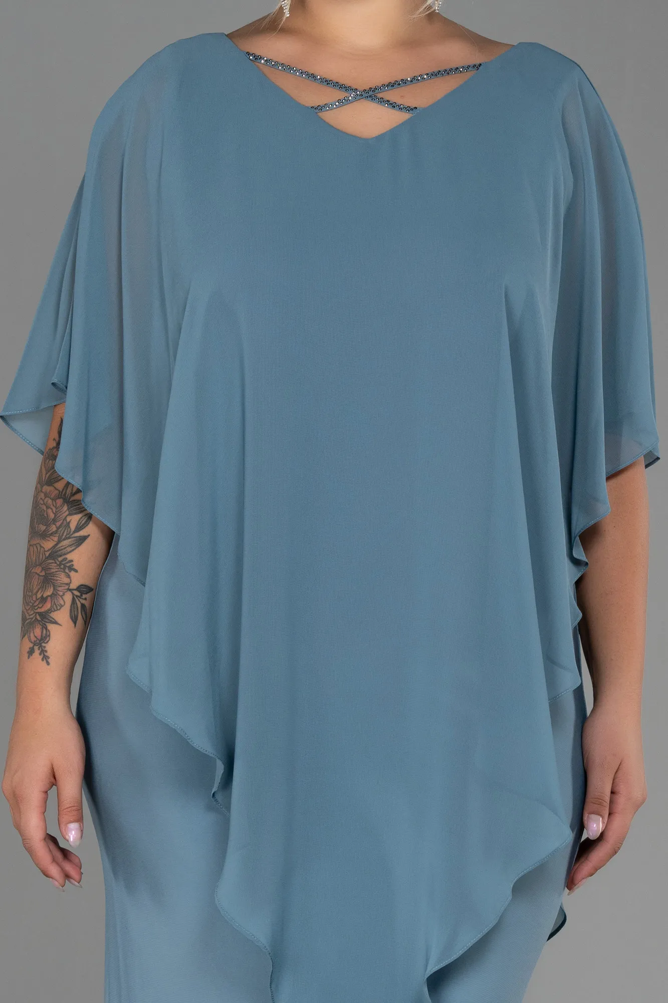 Turquoise-Short Chiffon Plus Size Evening Dress ABK1494