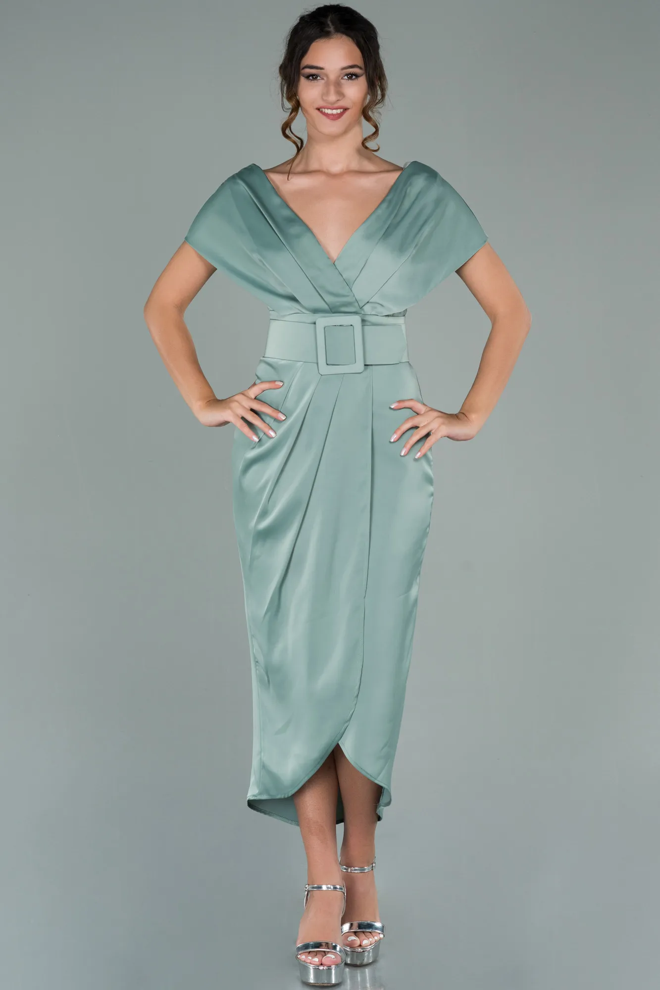 Turquoise-Short Satin Invitation Dress ABK1107