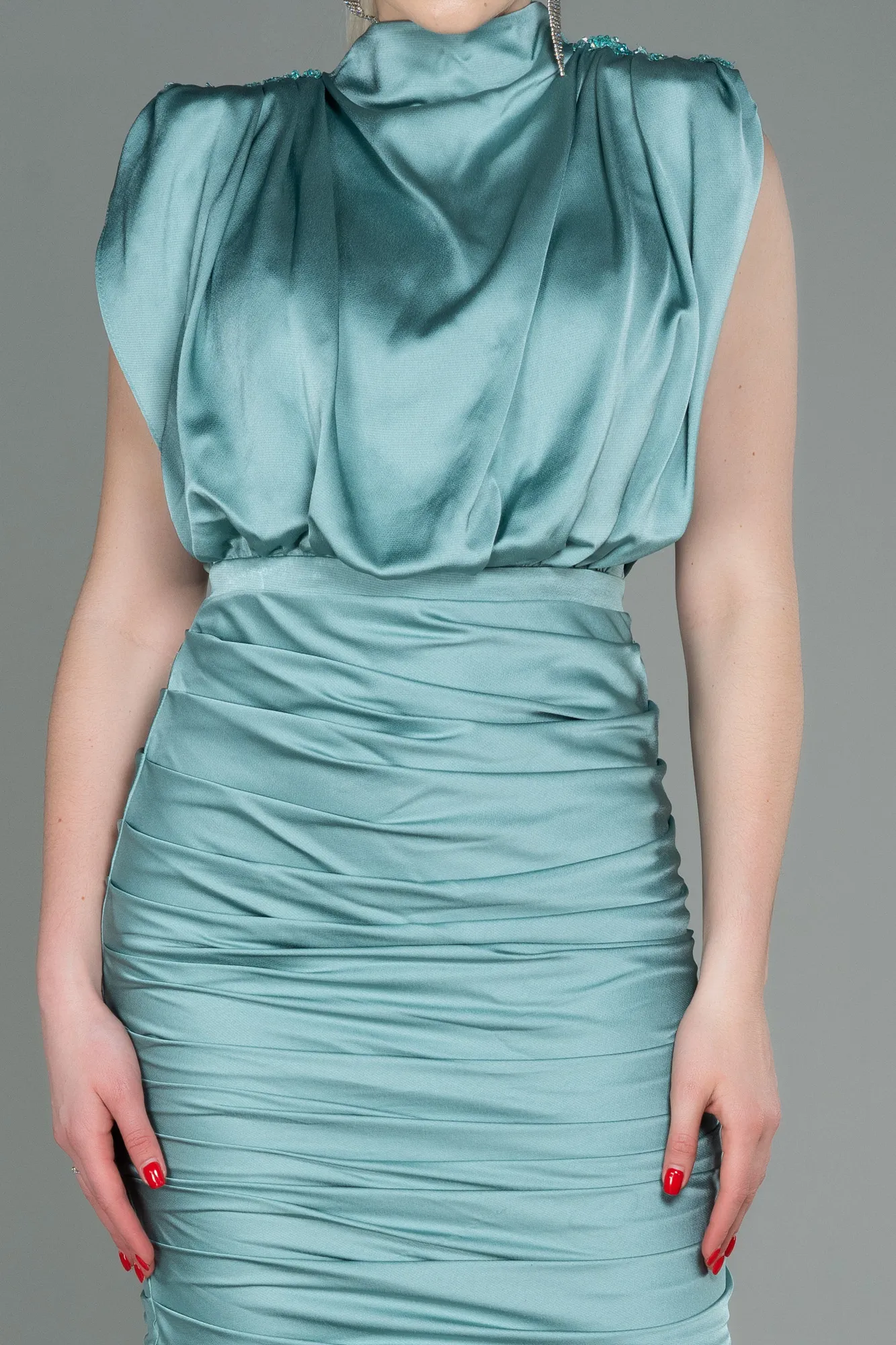 Turquoise-Short Satin Invitation Dress ABK1742