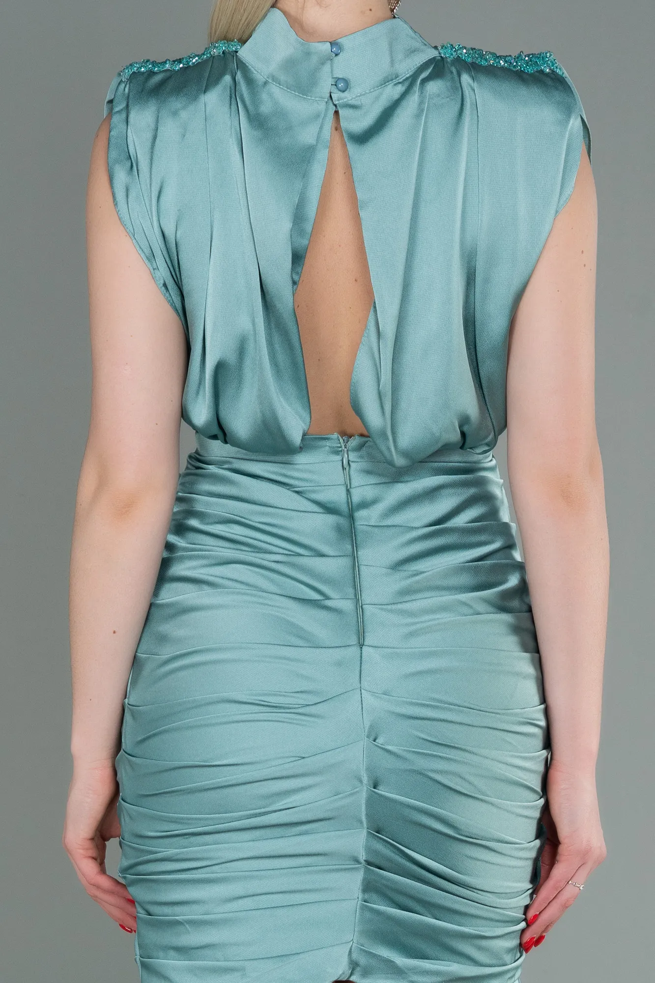 Turquoise-Short Satin Invitation Dress ABK1742