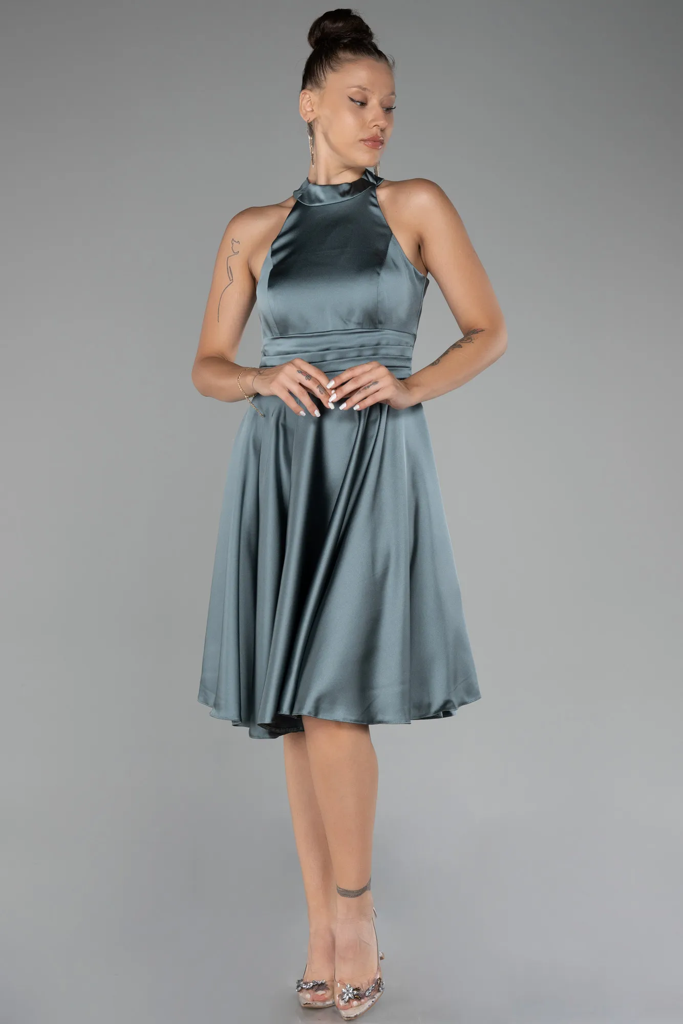 Turquoise-Short Satin Party Dress ABK2112