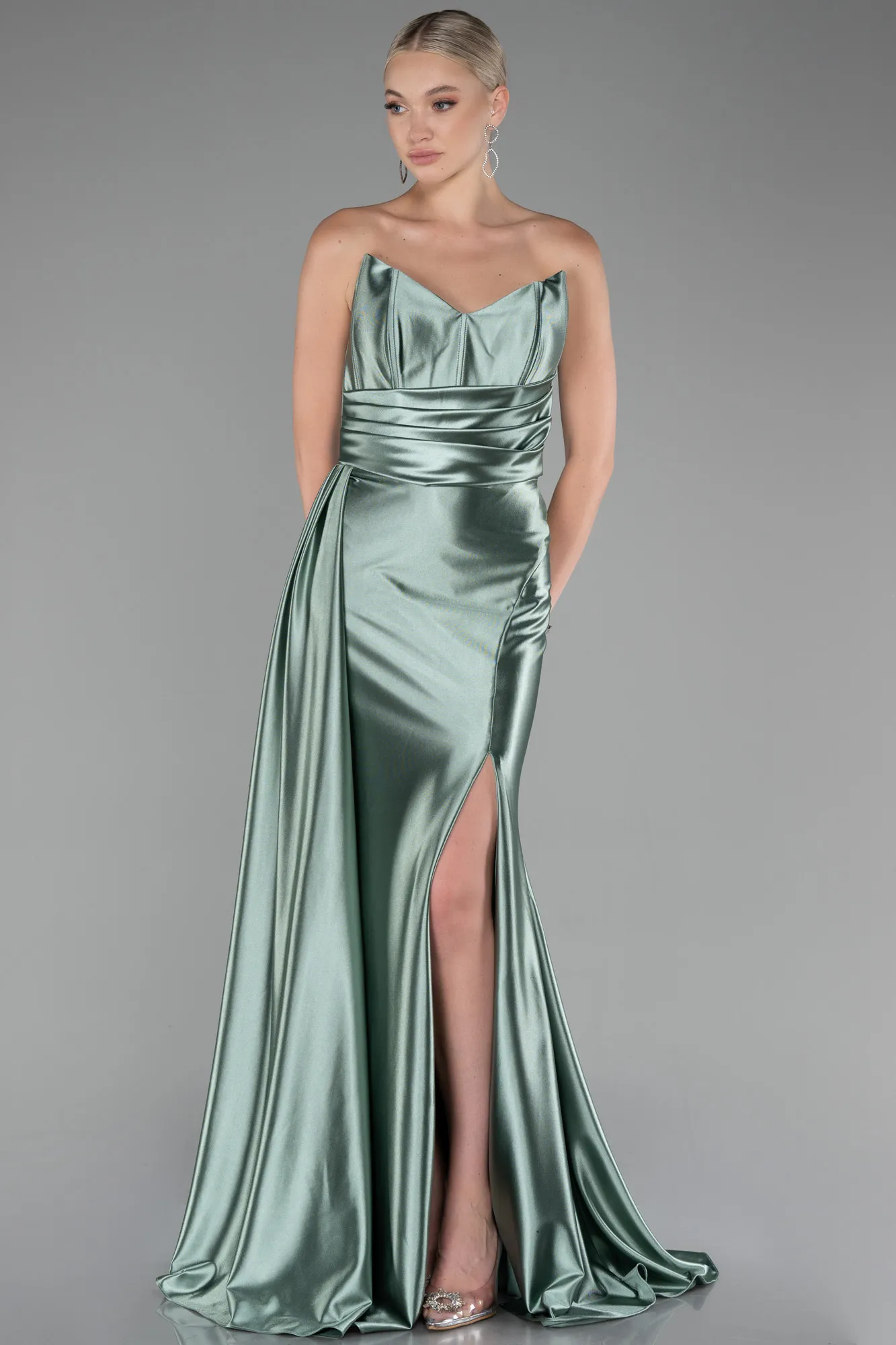 Turquoise-Strapless Slit Long Satin Prom Gown ABU4072