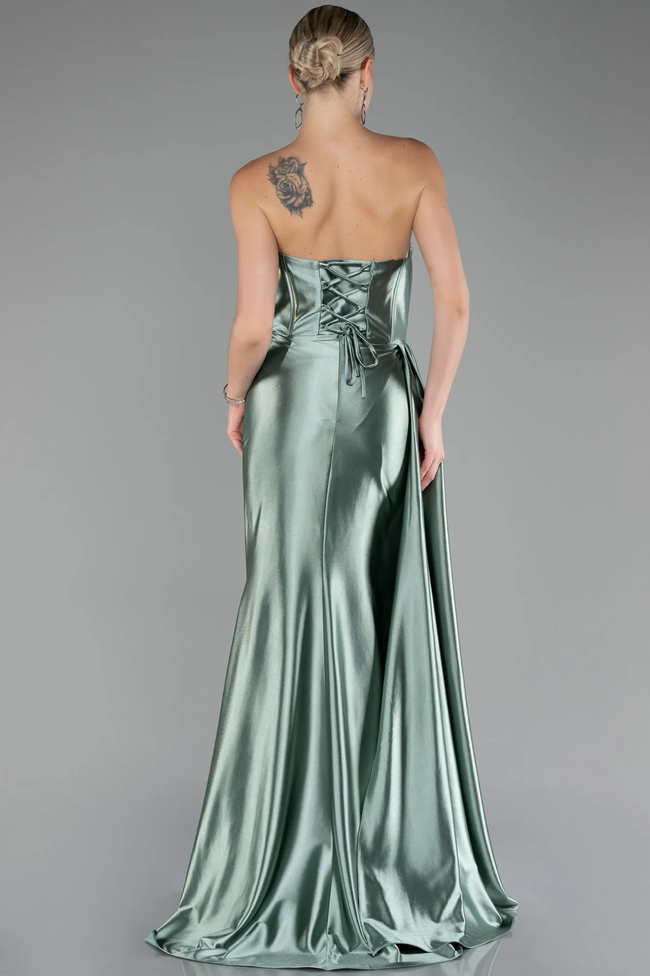 Turquoise-Strapless Slit Long Satin Prom Gown ABU4072