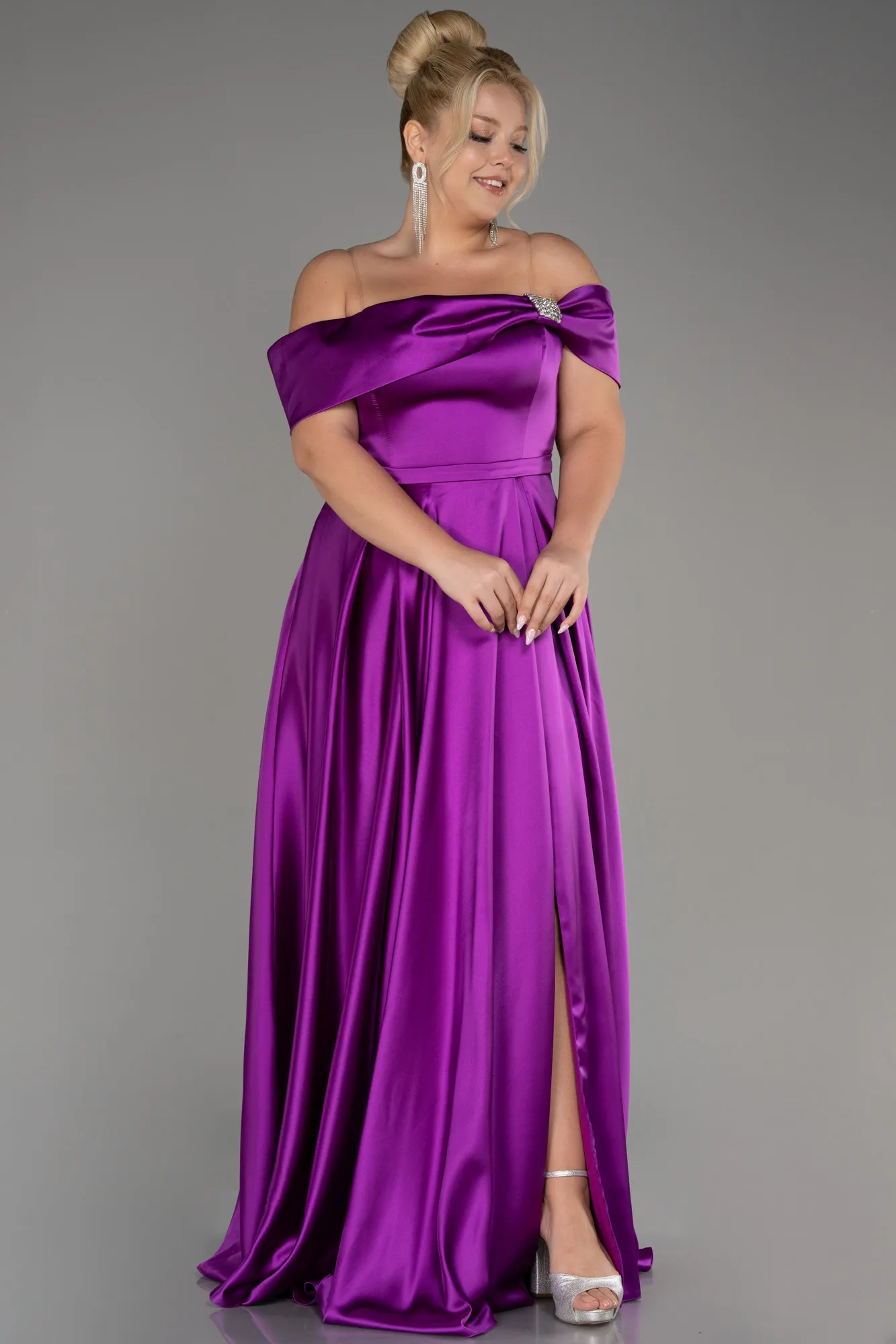 Violet-Boat Neck Satin Plus Size Evening Dress ABU4054