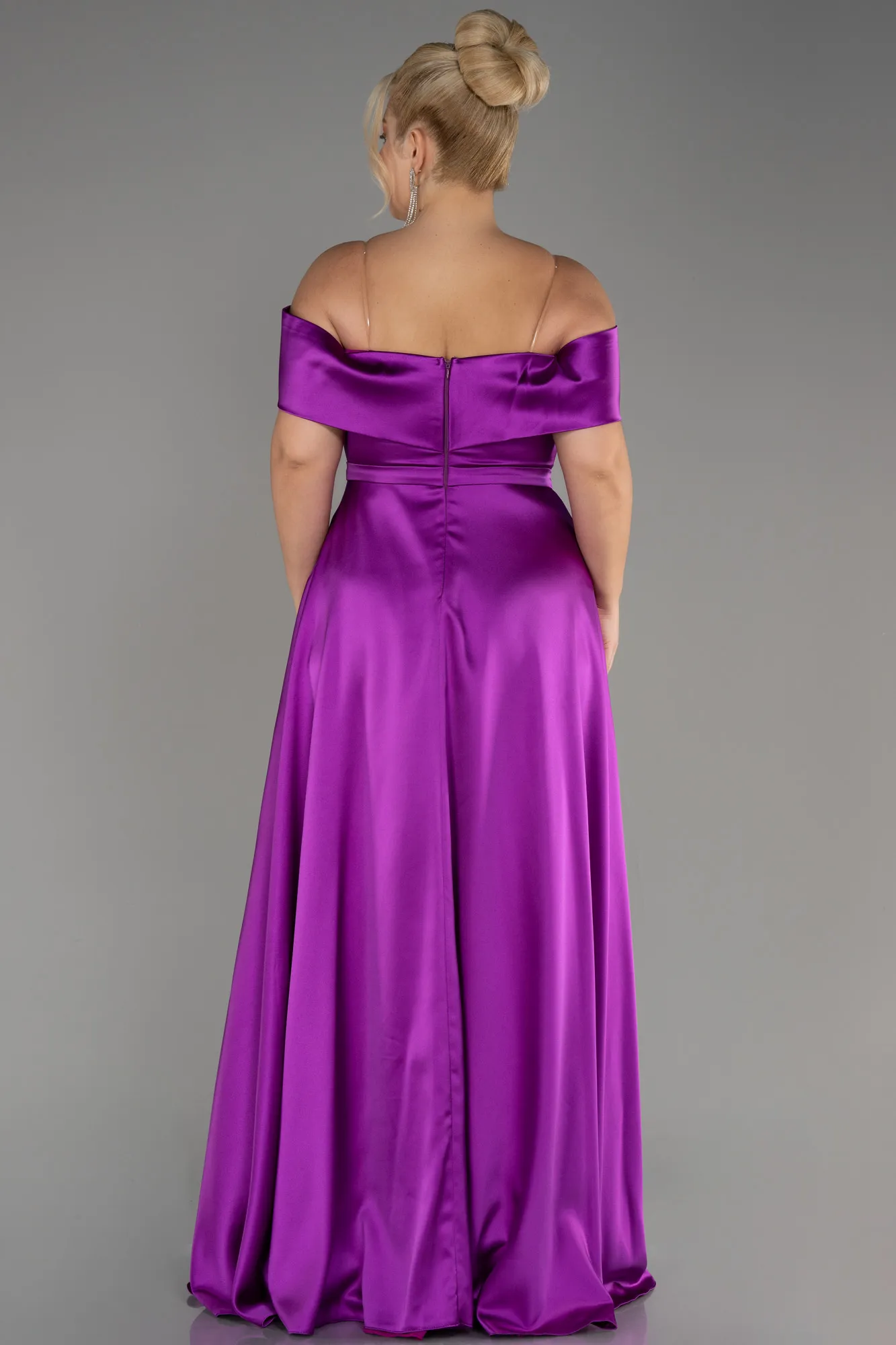 Violet-Boat Neck Satin Plus Size Evening Dress ABU4054