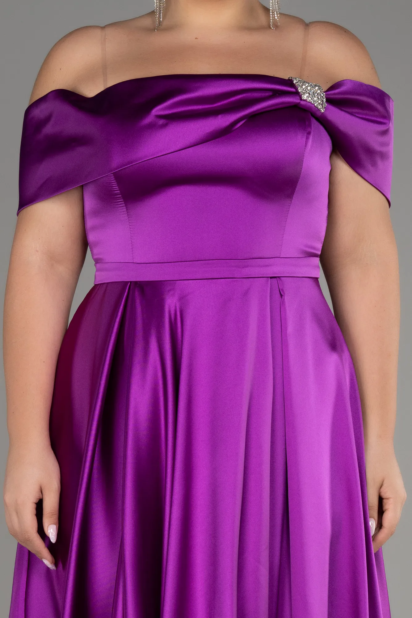 Violet-Boat Neck Satin Plus Size Evening Dress ABU4054