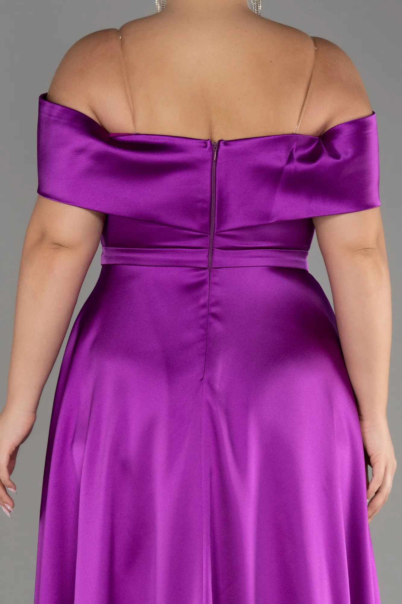 Violet-Boat Neck Satin Plus Size Evening Dress ABU4054