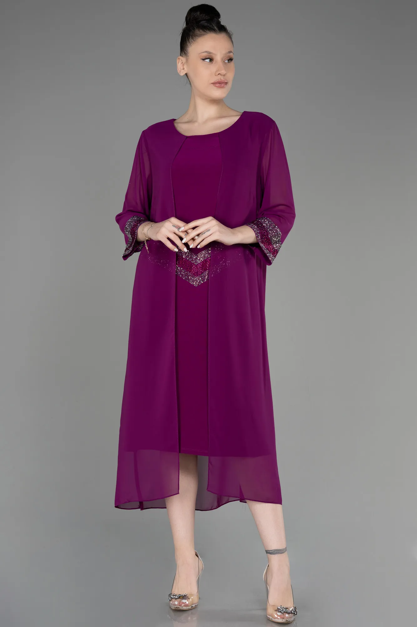 Violet-Capri Sleeve Midi Chiffon Plus Size Invitation Dress ABK2061