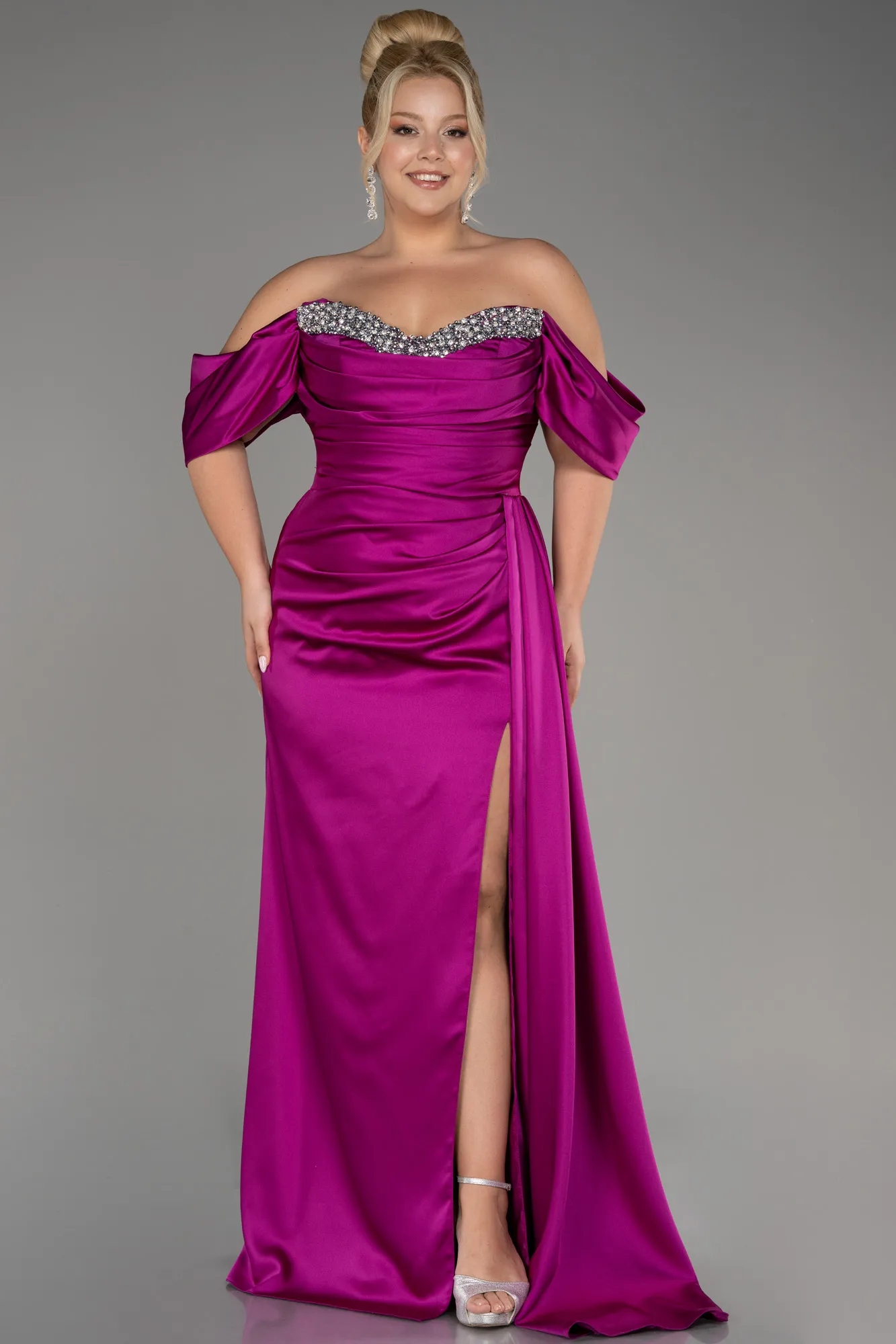 Violet-Long Satin Plus Size Engagement Dress ABU3655