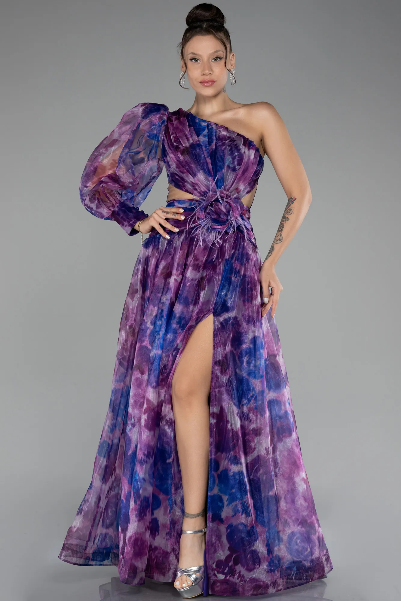 Violet-One Sleeve Slit Long Patterned Prom Gown ABU4206