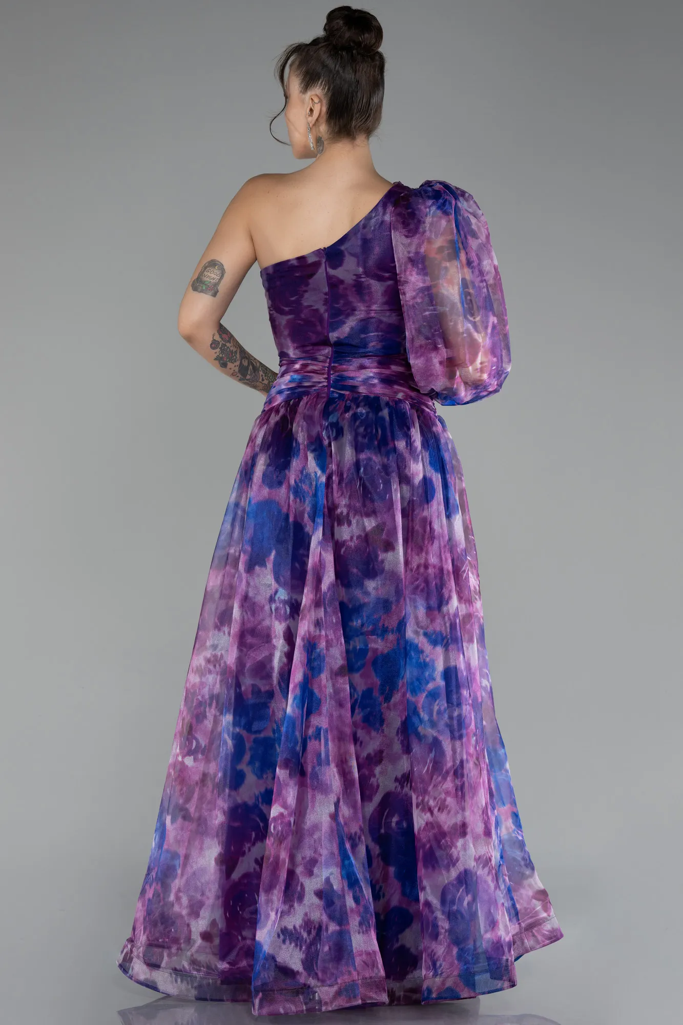 Violet-One Sleeve Slit Long Patterned Prom Gown ABU4206