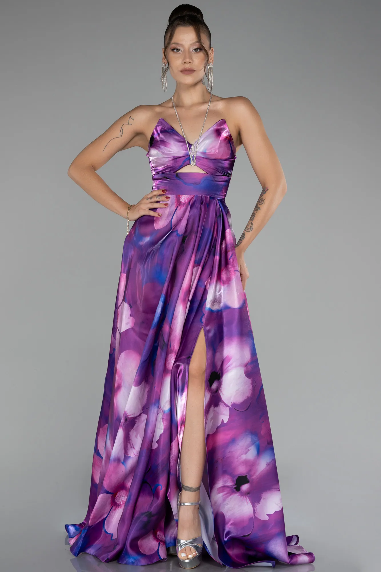 Violet-Strapless Slit Long Printed Evening Gown ABU4156