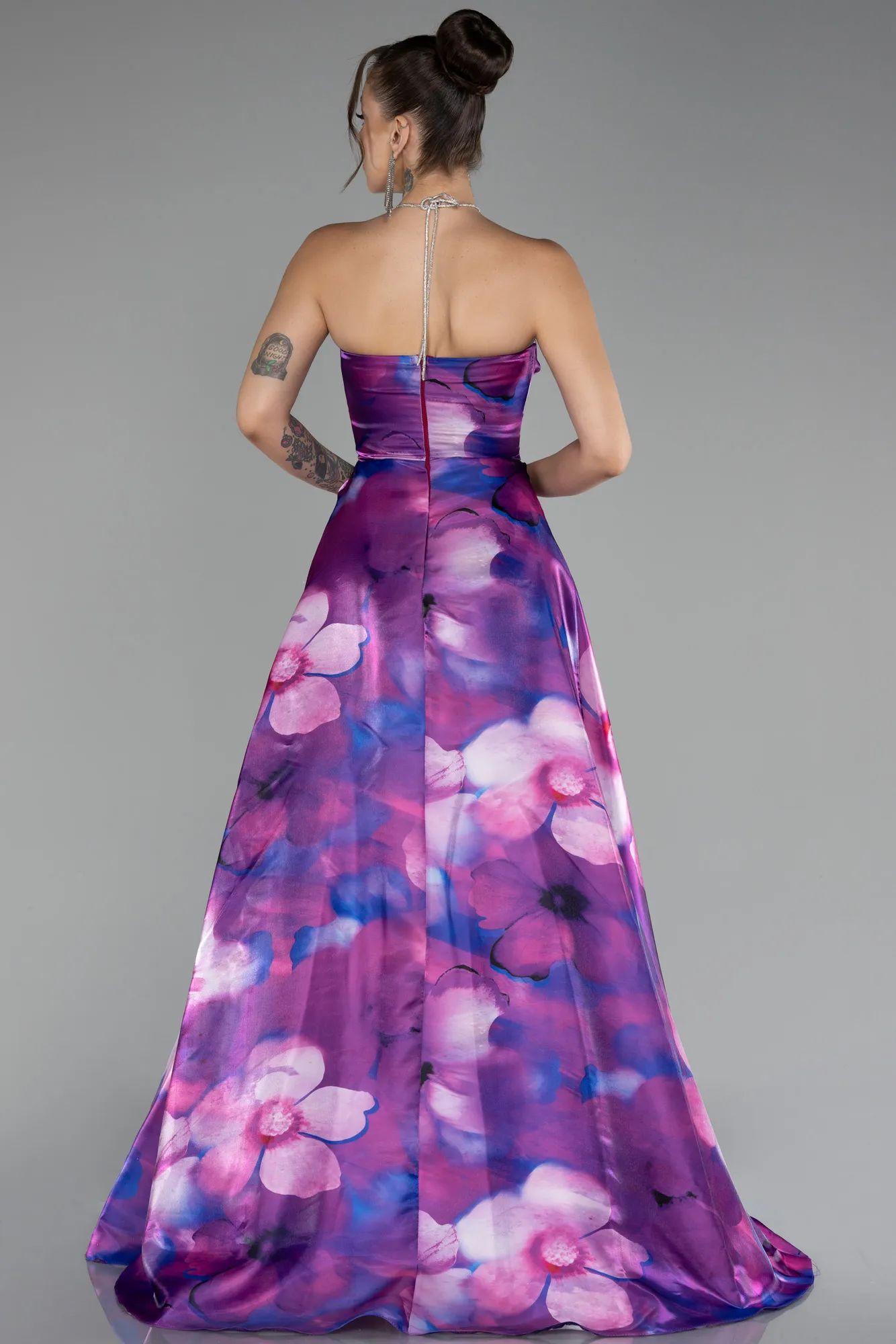 Violet-Strapless Slit Long Printed Evening Gown ABU4156