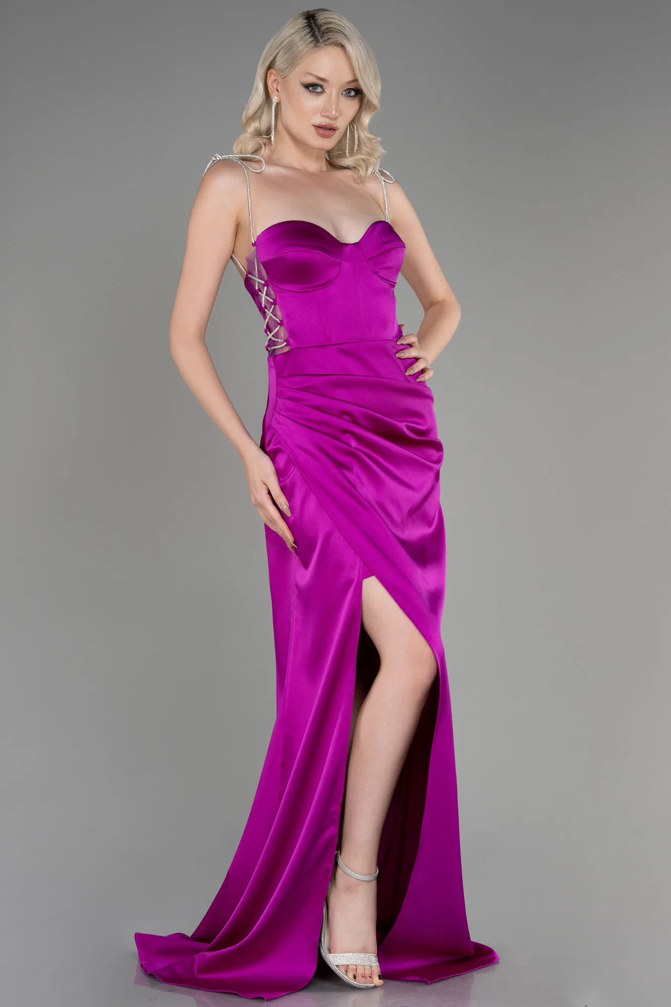 Violet-Strapless Slit Long Satin Evening Dress ABU3866