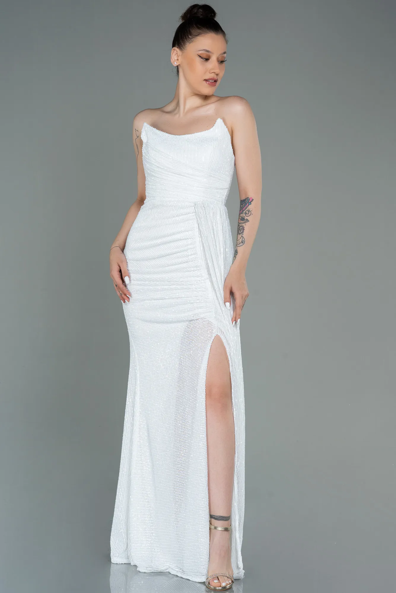 White-Long Scaly Evening Dress ABU3134