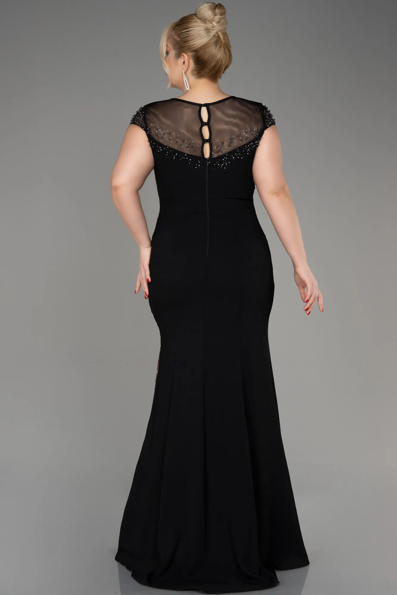 siyah-pudra-Long Plus Size Evening Dress ABU3923