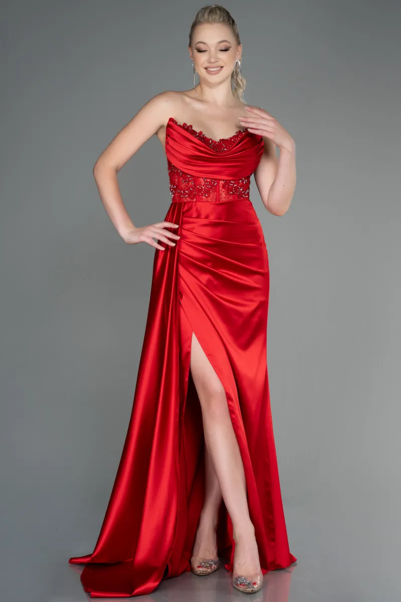 Transparent Top Strapless Slit Long Satin Evening Gown ABU6627